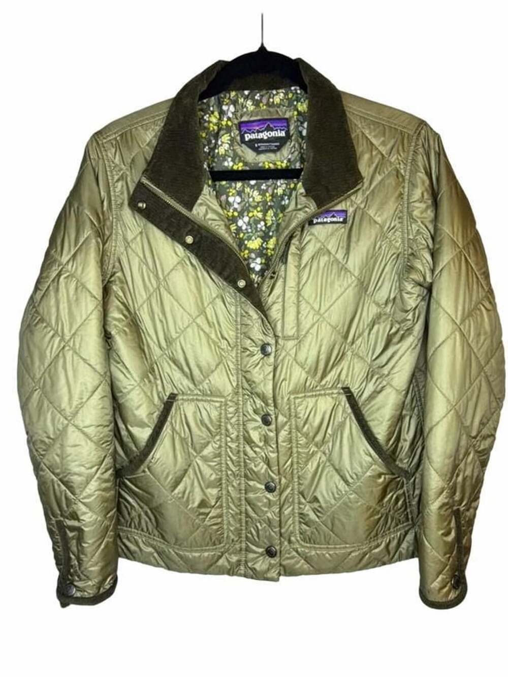Patagonia Back Pasture Jacket Size S Olive Quilted Floral Corduroy Collar